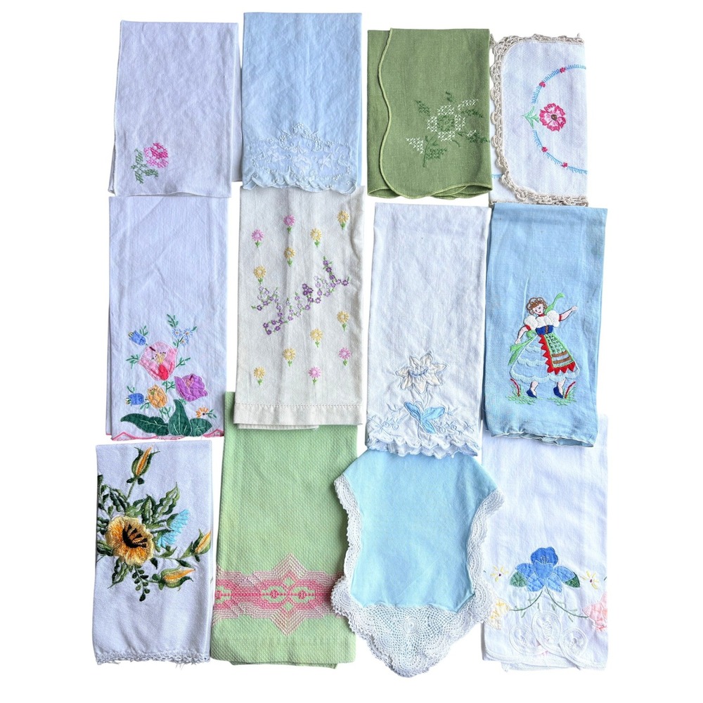 Vintage Hand Embroidered Linen Towel Lot 12pc Floral Lace Cottagecore Mixed Set